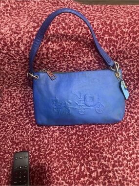 Coach Charley Repainted Blue Leather Shoulder Bag with Embossed Coach Carriage